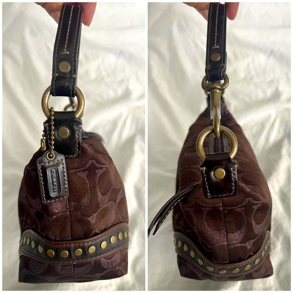 👑✅PRICE FIRM✅ Coach Brown Signature Mini Shoulder Bag with Leather Trim & studs - Picture 7 of 17